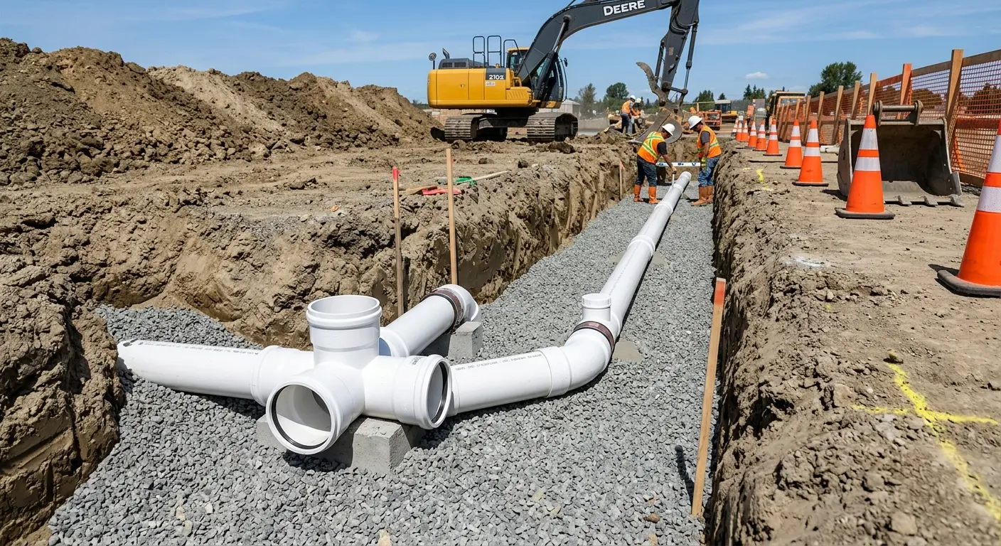 New PVC sewer pipe installation in open trench for Sewer Backup in Garden City